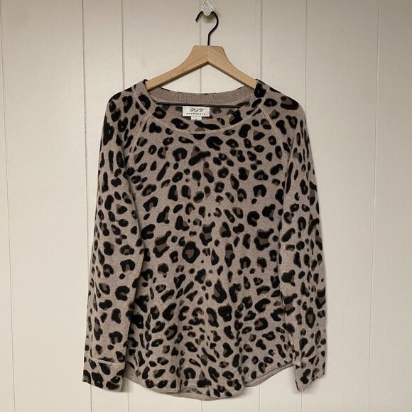 PLY 100% Cashmere Leopard Print Long Sleeve Crew Neck Sweater, XL. - Picture 1 of 6